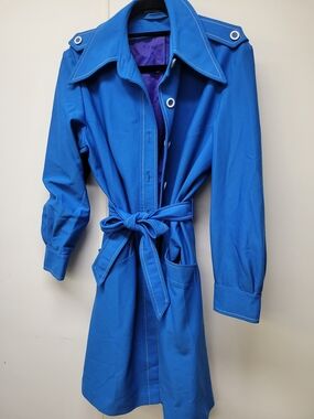 Bright Blue Belted Trench Coat with Contrast Topstitching